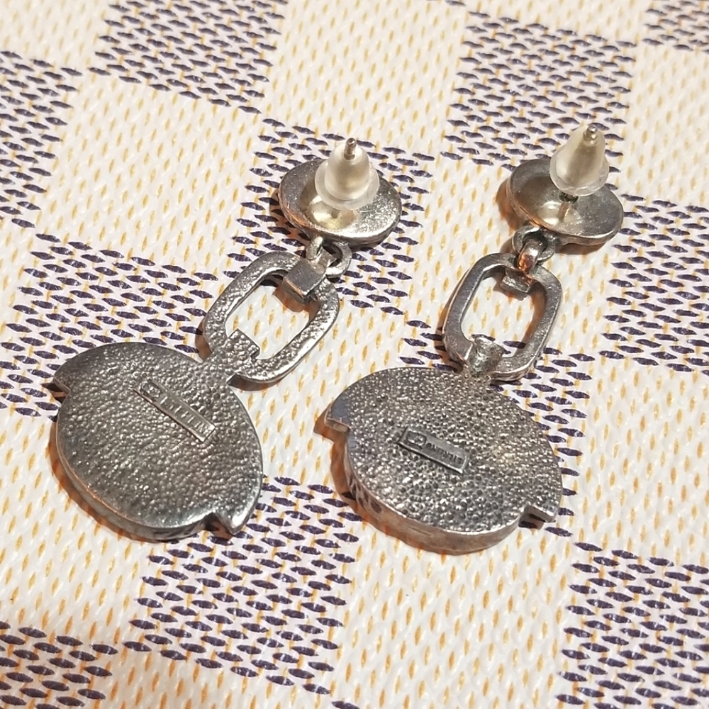 Designer signed Vintage Deco Style Sterling MOP Marcasite Onyx Earrings - Picture 4 of 8